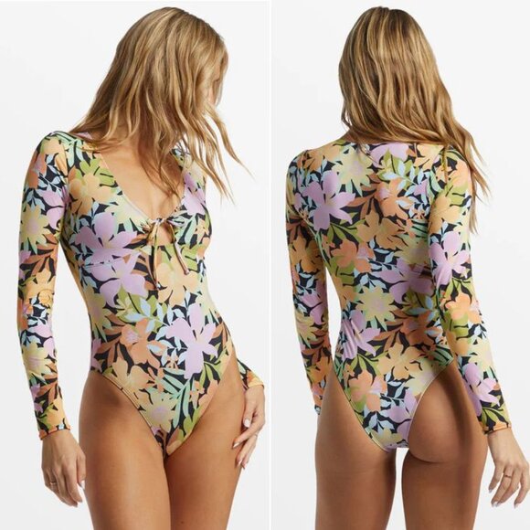 Billabong Aloha BODYSUIT One Piece Long Sleeve Swimsuit Size S Multi Floral NEW
